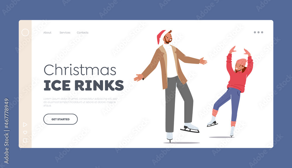 Christmas Ice Rinks Landing Page Template. Happy Father and Daughter Skating at Winter Time. Dad with Girl Skating