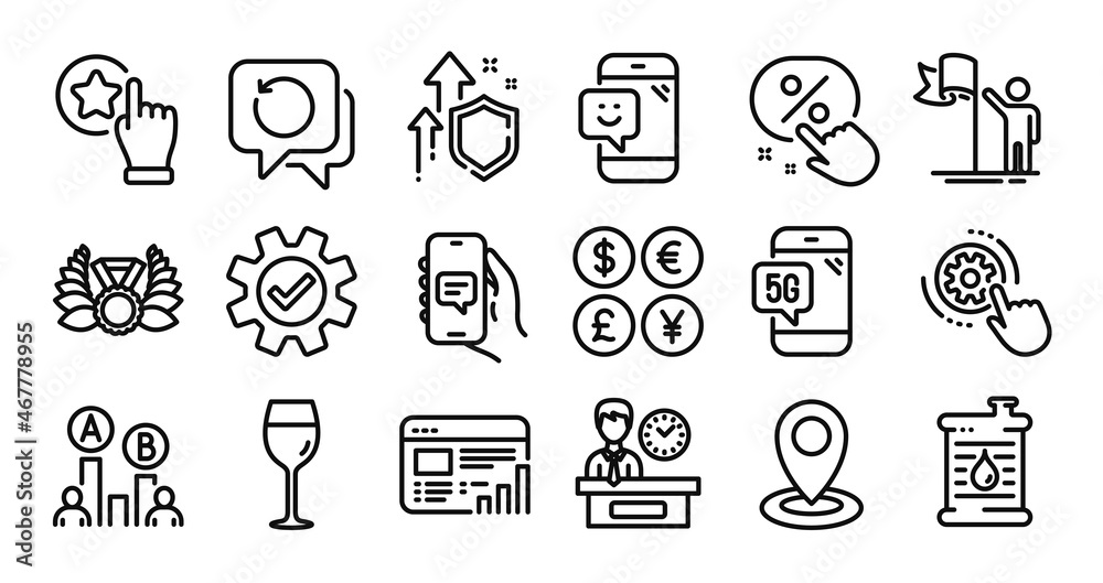 Chat app, Oil barrel and Presentation time line icons set. Secure shield and Money currency exchange. Location, 5g phone and Laureate medal icons. Ab testing, Smile and Rate button signs. Vector