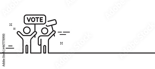 Voting campaign line icon. People rally with signs. Public election symbol. Minimal line illustration background. Voting campaign line icon pattern banner. White web template concept. Vector