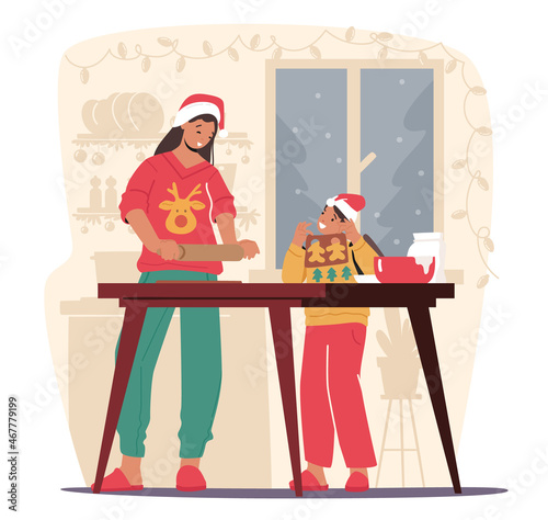 Mother and Little Daughter Cooking Christmas Cookies on Kitchen. Happy Woman and Girl Wear Santa Hats and Xmas Clothes