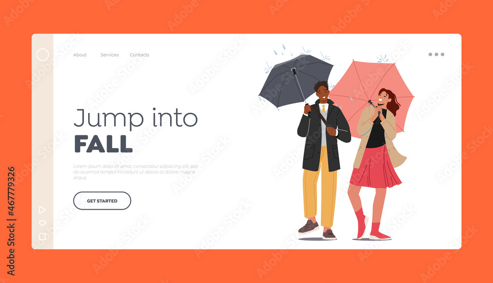 Obraz premium Happy Couple Walking at Fall Landing Page Template. People at Rainy Autumn Weather under Umbrella, Characters Relaxing