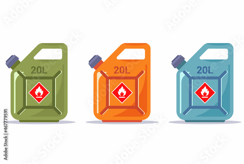 set of multi-colored canisters for carrying gasoline. flat vector illustration.