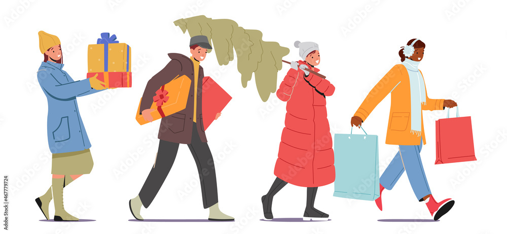 Naklejka premium Male or Female Characters Prepare Presents and Fir Tree for Family or Friends Happy People Carry Gift Boxes for Holidays
