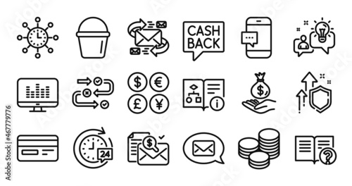 Income money, Money transfer and Messenger line icons set. Secure shield and Money currency exchange. Accounting report, World time and Credit card icons. Vector