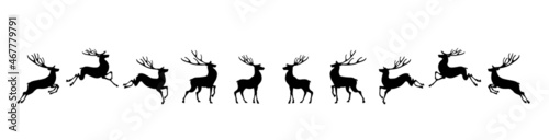 Graphic black silhouettes, set of wild deer on an isolated white background. Vector illustration.