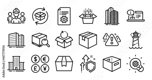 Innovation, University campus and Search package line icons set. Secure shield and Money currency exchange. Return parcel, Lighthouse and Buildings icons. Vector