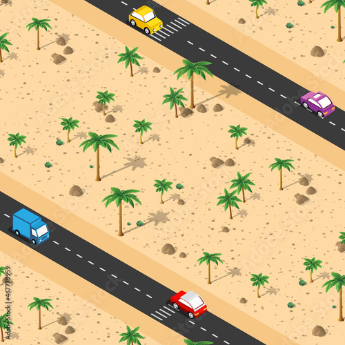 Isometric natural landscape of palm trees, vector illustration