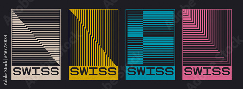 Collection Of Stripped Swiss Design Covers. Set Of Geometric Halftone Textures. Retro Placards. Abstract Linear Vector Backgrounds.