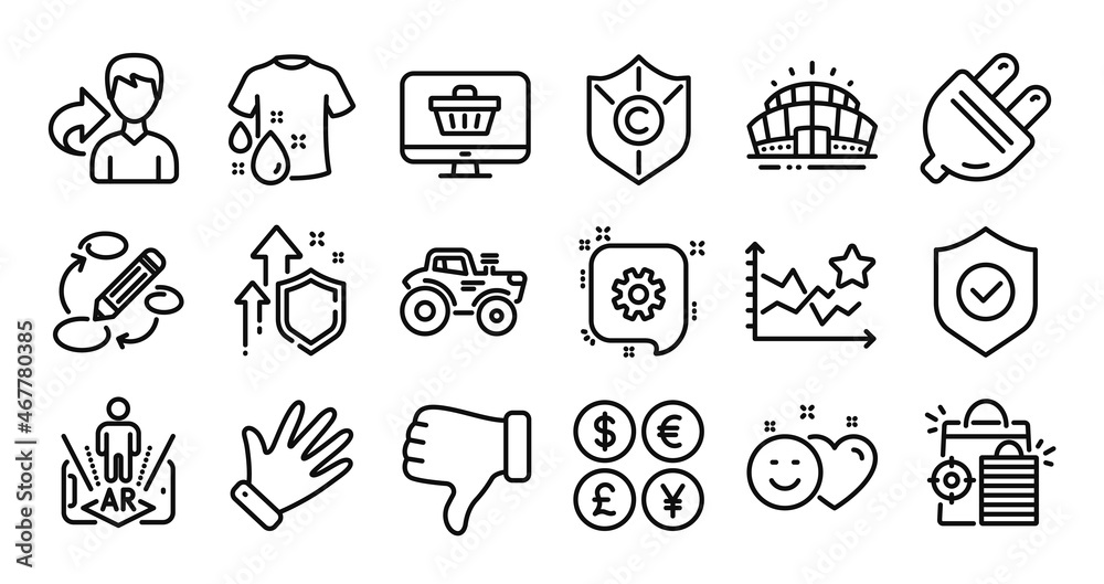 Copyright protection, Ranking stars and Keywords line icons set. Secure shield and Money currency exchange. Seo shopping, Augmented reality and Cogwheel icons. Vector Copyright protection, Ranking stars and Keywords line icons set. Secure shield and Money currency exchange. Seo shopping, Augmented reality and Cogwheel icons. Vector