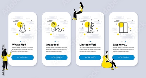 Set of Transportation icons, such as Rocket, Bicycle parking, Flag icons. UI phone app screens with people. Lift line symbols. Spaceship, Bike park, Location pointer. Elevator. Vector