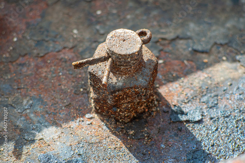 Rusty bolt with stud. Steel building structures. Corroded steel.