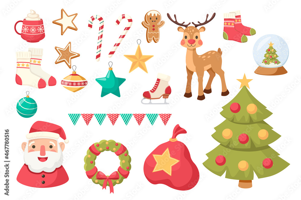 Set of Christmas Fir-tree, Festive Wreath, Candy Cane. Deer, Sack with Gifts and Santa Claus, Hot Drink, Gingerbread Man