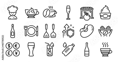 Coffee, Water bottle and Espresso cream line icons set. Secure shield and Money currency exchange. Restaurant food, Cooking chef and Market icons. Beans, Cafe creme and Champagne bottle signs. Vector