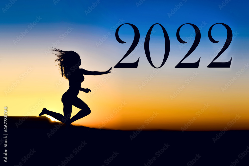 Girl silhouette jumping 2022 years old, celebrating new year, happy victory and success concept
Girl silhouette jumping 2022 years old, celebrating new year, happy victory and success concept