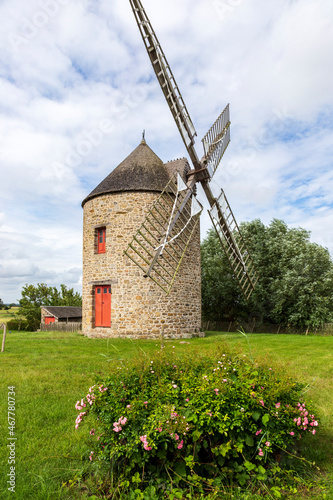 Cherrueix, France.26-23-2021. Old windmill near the ocean at Cherrueix in Brittany. France.