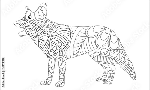 Coloring page of dachshund puppy, dog symbol of 2018 Chinese New Year. Freehand sketch drawing for adult antistress colouring book with doodle and zentangle elements.