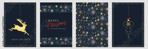 Holidays cards with Christmas motif, snowflakes, gold ornament snow frames and  green background. Winter vector set templates
