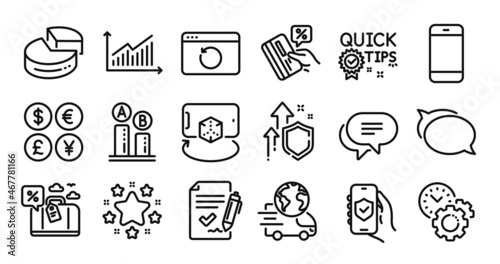 Security app, Time management and Travel loan line icons set. Secure shield and Money currency exchange. Quick tips, Approved agreement and Smartphone icons. Vector