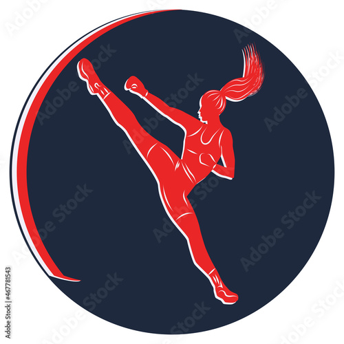 Kickboxing, girl, power kick - icon - vector. Sport. Active activities at home. Logo.