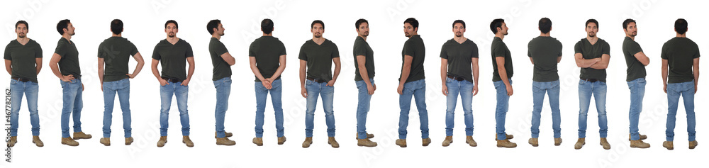 line of same man with various poses on white background line of same man with various poses on white background