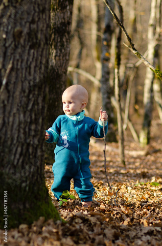 Funny little toddler girl in a red jacket and colorful knitted hat and scarf playing with golden maple leaves in a sunny park with yellow and orange trees on a warm autumn day