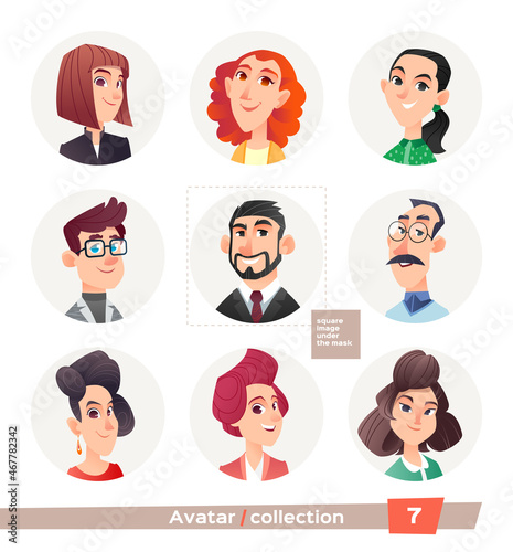 Collection of avatars, people. A set of user faces for a web forum or account. Icons of men and women.