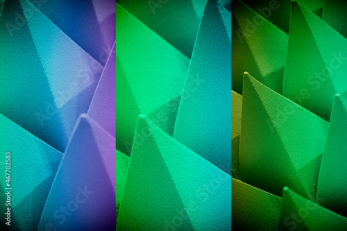 volumetric structure of chaotic pyramidal protrusions in perspective of spectral colors blurred image , 3d render, acoustics