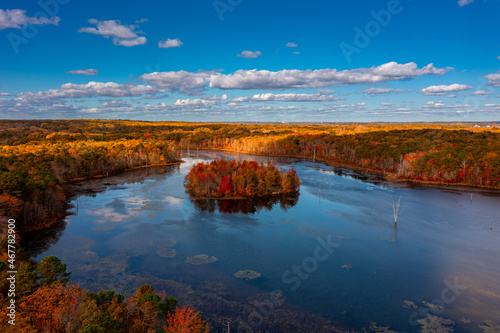 aerial image of a fall lake 