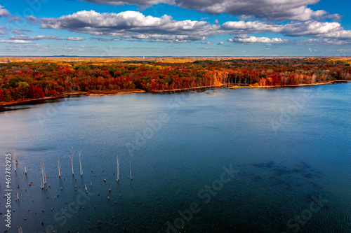 aerial image of a fall lake 