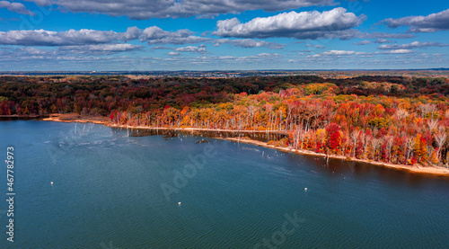 aerial image of a fall lake 
