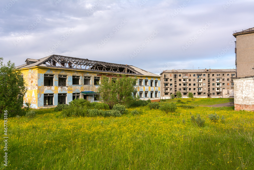 The abandoned ghost settlement of Zapolyarny, Vorkuta. Empty residential buildings and institutions.
