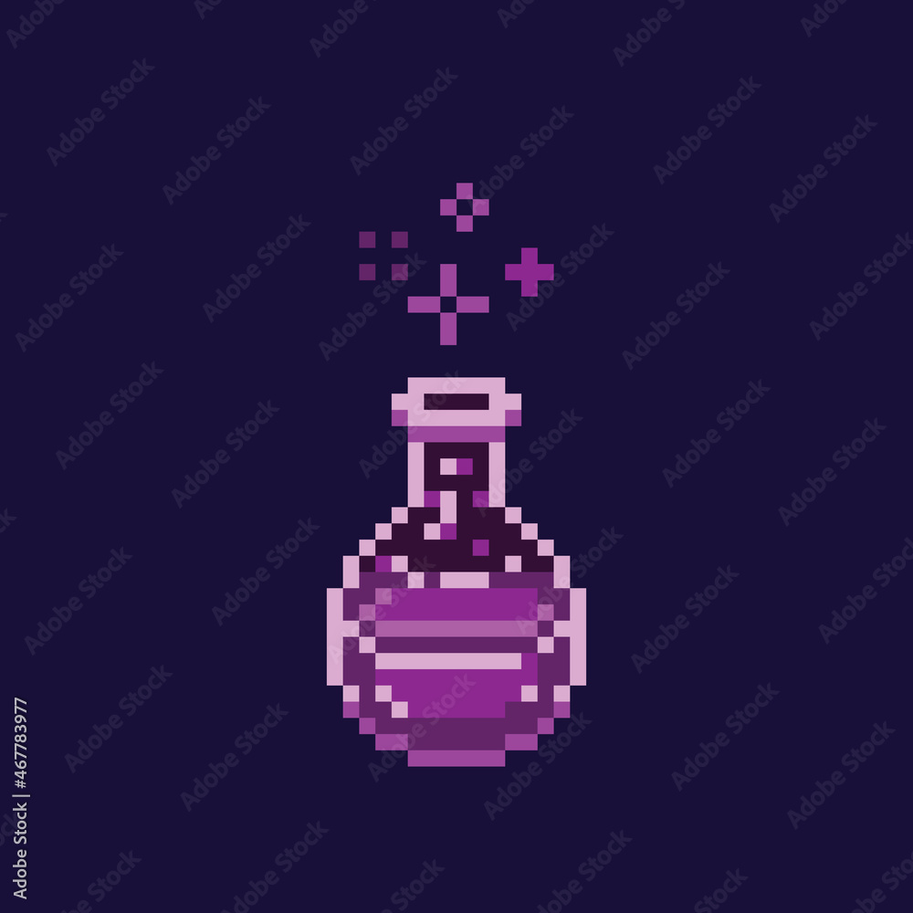 Pixel art potion sparkling purple poison bottle, game design retro 8
