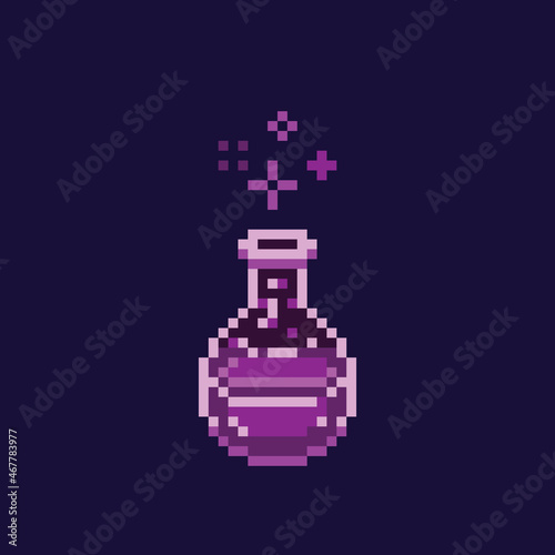 Pixel art potion sparkling purple poison bottle, game design retro 8 bit sprite asset isolated