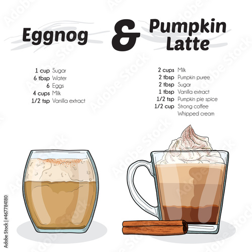 Hand Drawn Colorful Eggnog and Pumpkin Spice Latte Drink Ingredients Recipe