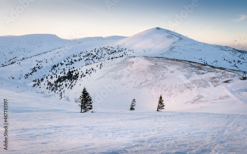 Winter Carpathians. Magical view in the mountains a frosty day. On the eve of the holiday. Carpathian, Ukraine, Europe.