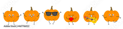 Set pumpkin character cartoon face smiling joy vegetable jumping running loves sings happy emotions icon vector illustration.