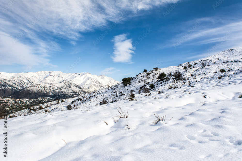 Winter and cold Algeria in North Africa, Winter snow mountain cabin panorama. Winter mountain snow panorama. landscape winter mountain snow. Snowy winter mountains, jijel Algeria