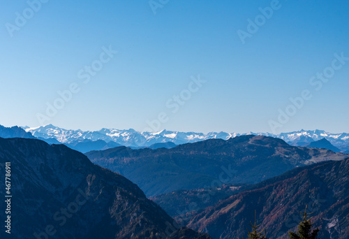 Blick vom Rauschberg im Chiemgau bei Sonnenschein, blauem Himmel und guter Fernsicht