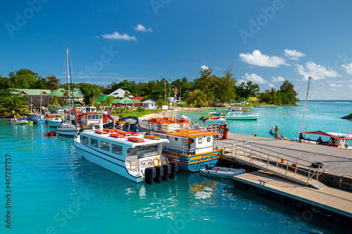 View of the marina of boats in beautiful sunny day, La Passe, La Digue Island, Seychelles.