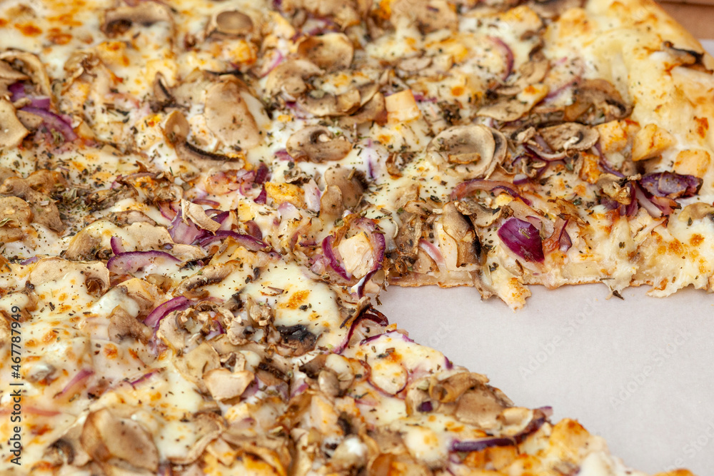 Large appetizing pizza with cutaway chicken and mushrooms Large appetizing pizza with cutaway chicken and mushrooms