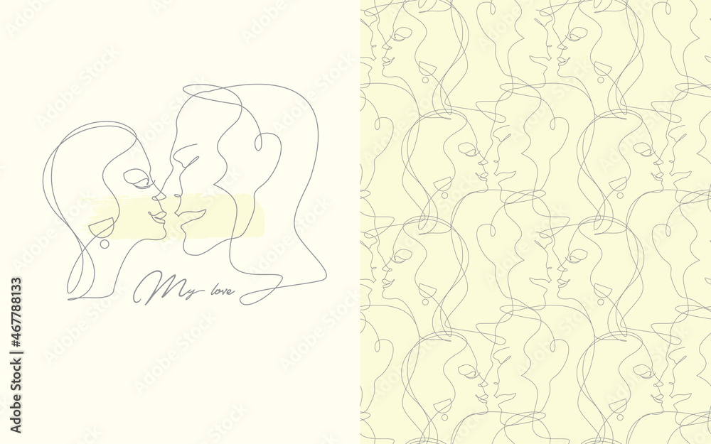 Set of abstract portrait drawn by one line with a beautiful couple of kissing man and woman and seamless pattern on a light yellow Set of abstract portrait drawn by one line with a beautiful couple of kissing man and woman and seamless pattern on a light yellow