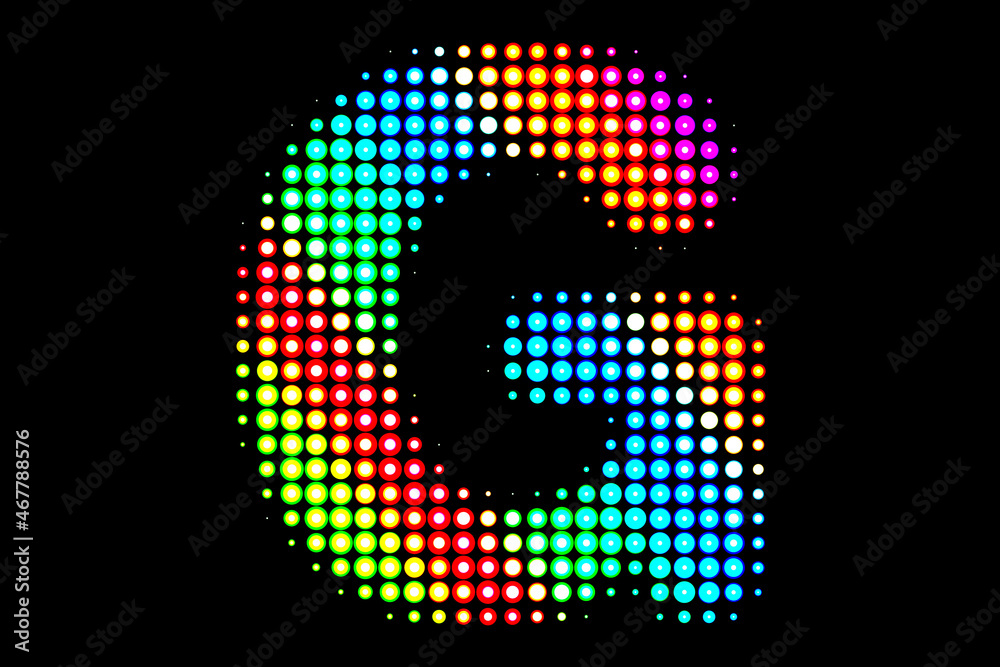 Letter g isolated on black background. Colorful alphabet letter g with circles of different sizes. Led circles alphabet effect. Letter g isolated on black background. Colorful alphabet letter g with circles of different sizes. Led circles alphabet effect.