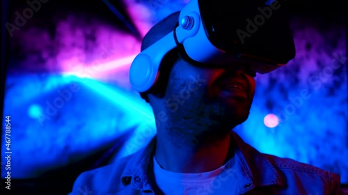 Young man entering the metaverse universe using augmented virtual glasses. future virtual world metaverse concept.