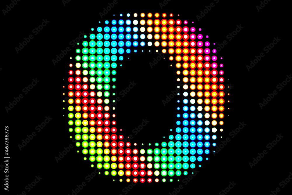 Letter o isolated on black background. Colorful alphabet letter o with circles of different sizes. Led circles alphabet effect.