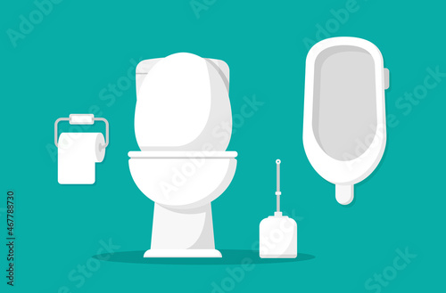 Toilet bowl, toilet paper and brush for toilet bowl flat vector icon. Vector illustration