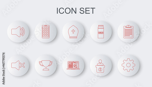 Set line Cogwheel gear settings, Speaker mute, Pope hat, Information desk, volume, Mobile Apps, Trophy cup and Medical clinical record icon. Vector