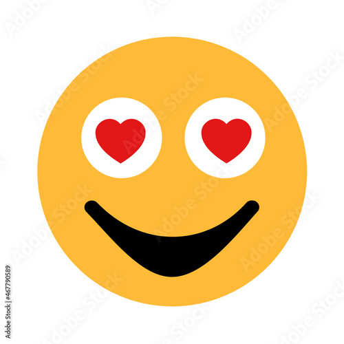 Amorous and enamoured emoji and emoticon with love heart in eyes. Man being fascinated by romantic feeling and emotion - falling in love, amorousness, affectionateness. Vector illustration isolated.