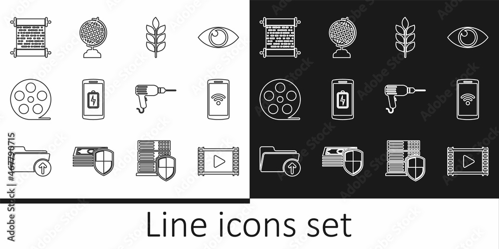 Set line Play Video, Smartphone with wireless, Wheat, battery charge, Film reel, Paper scroll, Drill machine and Earth globe icon. Vector