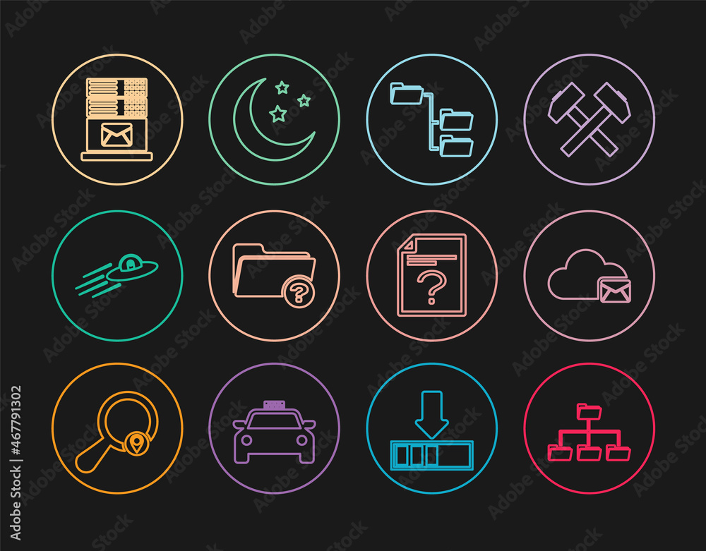 Set line Folder tree, Cloud mail server, Unknown directory, UFO flying spaceship and alien, Mail, document and Moon stars icon. Vector Set line Folder tree, Cloud mail server, Unknown directory, UFO flying spaceship and alien, Mail, document and Moon stars icon. Vector
