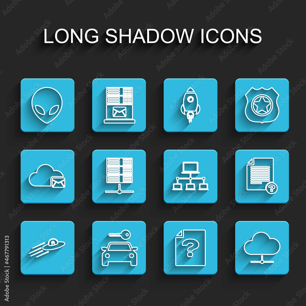 Set line UFO flying spaceship and alien, Car rental, Alien, Unknown document, Network cloud connection, Server, Data, Web Hosting, and Computer network icon. Vector Set line UFO flying spaceship and alien, Car rental, Alien, Unknown document, Network cloud connection, Server, Data, Web Hosting, and Computer network icon. Vector